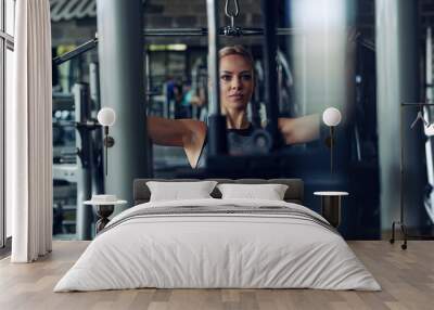 Young fitness woman execute exercise with exercise-machine in gym. Wall mural