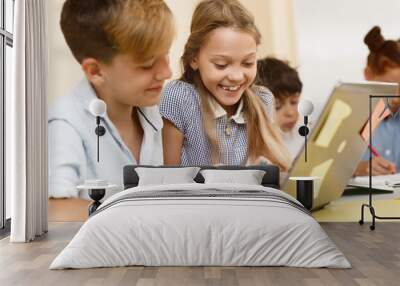 Happy schoolgirl helping classmate in studying new material on computer in сlassroom. Pretty little girl sitting near boy and typing in his computer during lesson. Concept of help and teamwork. Wall mural