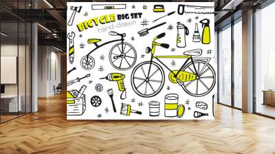 bicycle repair tools and accessories big set. two beautiful bicycles hand-drawn isolated on a white  Wall mural