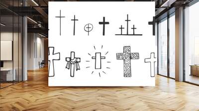 Set of hand-drawn Christian crosses isolated on white background. Religion and Christianity. Christian symbols. Vector illustration Wall mural