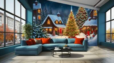 beautiful decorated christmas tree in the city backdrop.  Wall mural