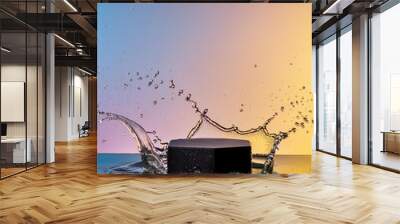 empty black podium mockup with water splash on a pink and yellow gradient background for product display Wall mural