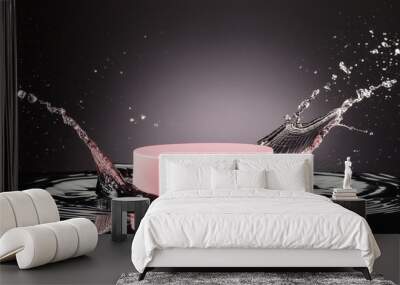 empty pink podium mockup with water splash on a black gradient background for product display Wall mural