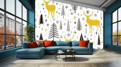 seamless christmas pattern with deers, snowflakes and spruce Wall mural