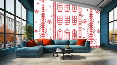 Merry Christmas Winter Nordic style and inspired by Scandinavian Christmas pattern  in cross stitch including tall gingerbread house, reindeer, snowflake, decorative seamless ornate patterns in red
 Wall mural