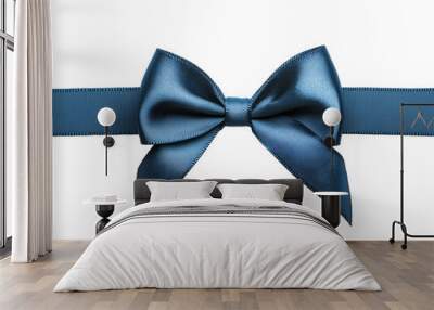 A delicate blue satin ribbon bow is centered on a flat surface, highlighting its intricate folds and sheen, perfect for gift wrapping or decoration Wall mural