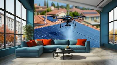 A drone hovers over a solar panel array, spraying water onto the panels. The drone is in flight over a roof in a residential area Wall mural