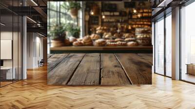 A rustic wooden table stands in the foreground while a variety of freshly baked pastries and breads are displayed in a warm, inviting bakery atmosphere filled with natural light. Wall mural