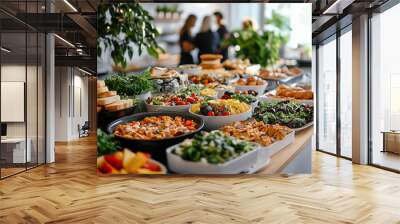 A vibrant buffet spread featuring a variety of fresh dishes and salads in a cozy restaurant setting during a social gathering Wall mural