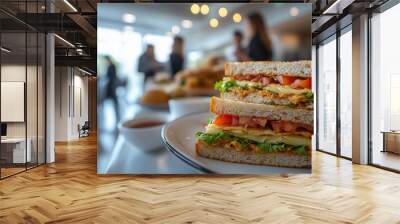 Freshly prepared sandwiches stacked on a plate in a bustling restaurant during lunchtime with customers enjoying their meals nearby Wall mural