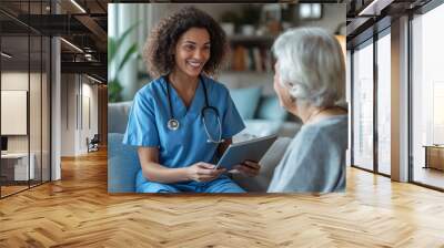 Healthcare professional engages in a friendly conversation with an elderly patient in a cozy living room setting during the day Wall mural