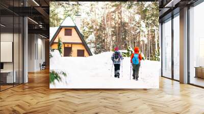 Hiking at winter mountains. Sport and recreation concept. Wall mural