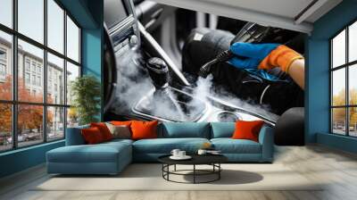 Steam cleaning a car interior to remove dirt and grime in a detailed auto detailing session Wall mural