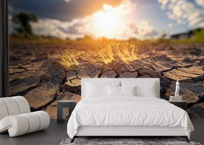 A close-up of cracked earth with vibrant grass emerging under a bright sunset, illustrating resilience in a drought-stricken landscape. Wall mural