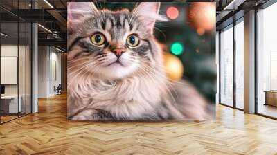 A cozy cat lounges near a decorated Christmas tree, surrounded by colorful ornaments, capturing a festive and heartwarming holiday spirit. Wall mural