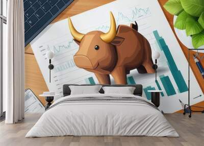 A creative illustration of a bull representing market growth, set against financial charts and data on a desk. Wall mural