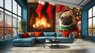 A festive pug dressed in a Christmas outfit sits by a cozy fireplace, surrounded by holiday decorations. Wall mural