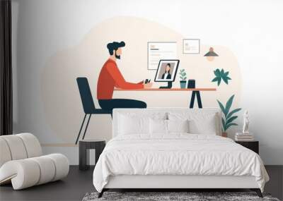 A man working on a laptop at a desk surrounded by greenery, representing modern remote work and productivity. Wall mural