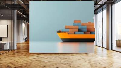 A vibrant cargo ship with colorful containers, symbolizing global trade and transportation on calm waters. Wall mural