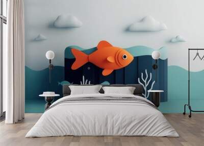 A vibrant orange fish swims in a peaceful underwater scene featuring coral and soft waves, ideal for aquatic themes. Wall mural