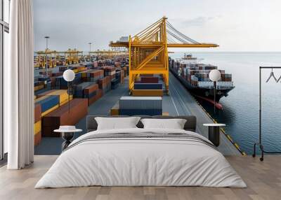 A vibrant shipping port with colorful containers and a large crane ready for loading cargo onto a ship in calm waters. Wall mural