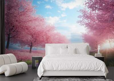 Cherry blossom trees in full bloom, bright spring sunlight, ultrarealistic detail of pink petals and serene nature s beauty Wall mural