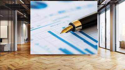 Close-up of a fountain pen resting on financial documents with charts and graphs, symbolizing business and investment strategies. Wall mural