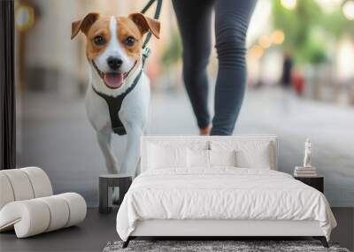 Dog walking along a city sidewalk with its owner, vibrant street lighting, ultrarealistic detail of fur, leash, and urban exercise routine Wall mural