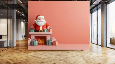 Festive Santa Claus with gifts around a cozy fireplace, set against a festive, minimalistic background. Perfect for holiday-themed designs. Wall mural