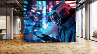 Futuristic scene showcasing a tech-savvy individual in a glowing, digital environment, immersed in virtual interaction. Wall mural