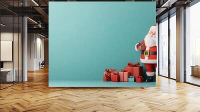 Santa Claus with gift boxes on a teal background. Festive Christmas holiday image with cheerful Santa and presents. Wall mural