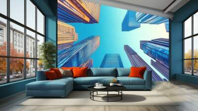 Stunning view of skyscrapers from below, showcasing modern architecture against a clear blue sky. Ideal for urban-themed projects. Wall mural