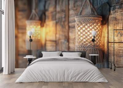 Two decorative lanterns glow warmly against a rustic wooden wall, creating a cozy and inviting atmosphere. Wall mural