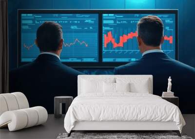 Two professionals analyze financial market data on dual screens, showcasing stock trends with graphs and charts in a corporate setting. Wall mural