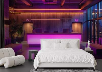 A chic boutique hotel lobby with neon-lit reception desks and seating areas, featuring sleek modern furniture and vibrant neon signage, welcoming guests into a stylish and contemporary environment. Wall mural