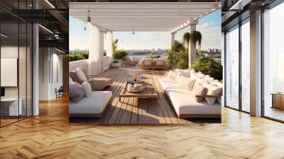 A rooftop terrace furnished with plush loungers beneath a pergola. Wall mural