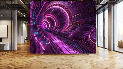 A wallpaper featuring a complex fractal pattern in 3D, with metallic surfaces and neon outlines, creating depth and an illusion of an endless digital tunnel. Wall mural