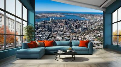 Aerial shot of the cityscape of downtown San Diego, California, surrounded by the ocean Wall mural