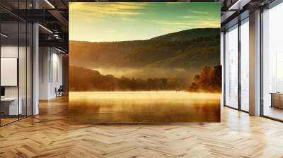 beautiful autumn landscape, the lake in the morning fog Wall mural