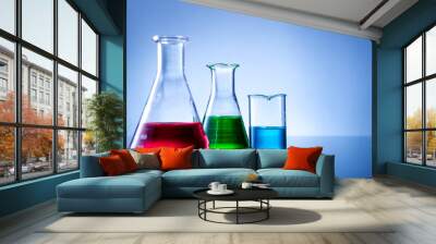 laboratory equipment, bottles, flasks with color liquid Wall mural