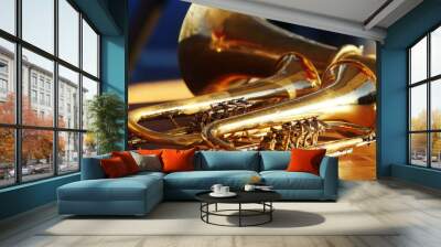 Blowing brass wind instrument on table Wall mural