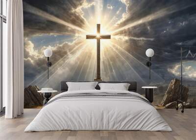 Crucifix cross with ray of light outdoor Wall mural