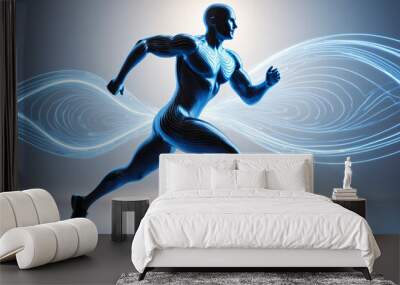 Futuristic silver cyber man run with high velocity Wall mural