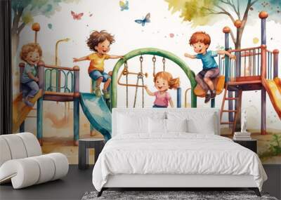 Happy careless children playing outdoor Wall mural