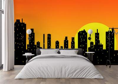 Silhouette of modern city skyscrapers skyline at sunset Wall mural