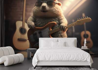 Epic rocker beaver with guitar, Generative AI Wall mural