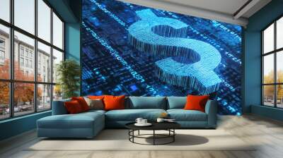 Digital currency concept with a glowing dollar sign on a circuit board background. Wall mural