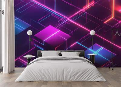 Vibrant neon geometric shapes with digital lines create a futuristic abstract design. Wall mural