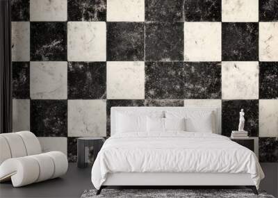 Weathered black and white checkered tile floor. Wall mural