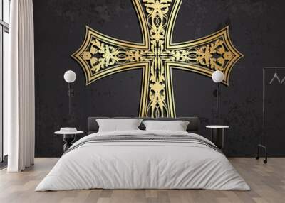 golden cross with floral ornaments on grunge background Wall mural